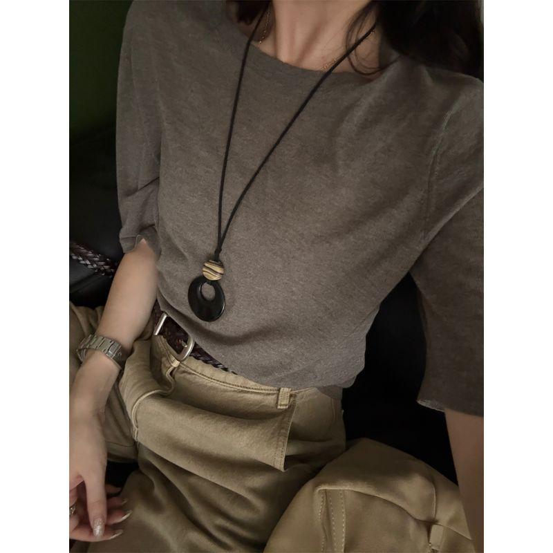 

Shine Summer New High Quality U * P Linen Cotton Sweat-Absorbent Breathable Slimming Elegant round Neck Knitted T-shirt