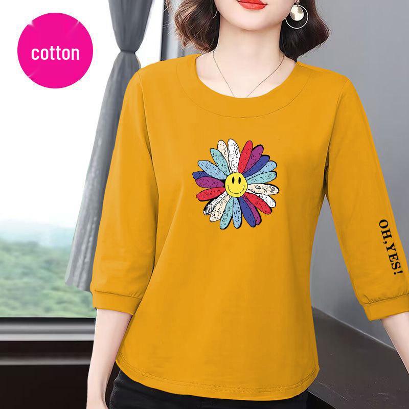 Women's Korean Style Summer 2025 Loose-Fit Cotton T-Shirt with Slimming Seven-Sleeve Design