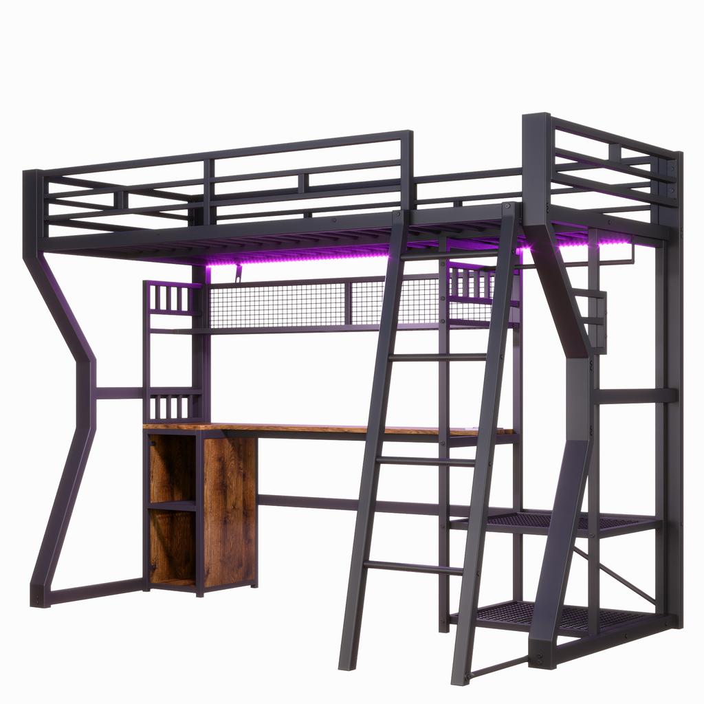 Loft Bed, 90 x 200 cm, Iron Frame, with Light Strip, Socket, Clothes Hanging Area, Desk, Storage, Shelves, Open Space, without Mattress, Black