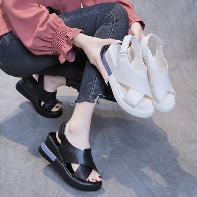 Women Leather Wedges Sandals Summer Platform High Heel Cross Peep Toe Sandals Concise Casual Shoes