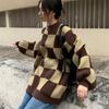 Checkerboard Sweater Women's Autumn and Winter Top Retro Japanese Lazy Style Knit Sweater