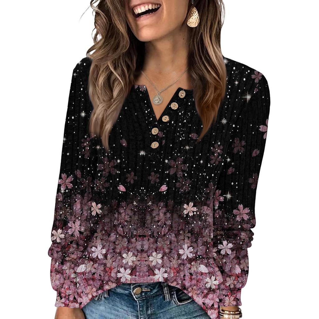 Women's Fashion V-Neck Button-Up T-Shirt With Floral Print Long-Sleeved Top