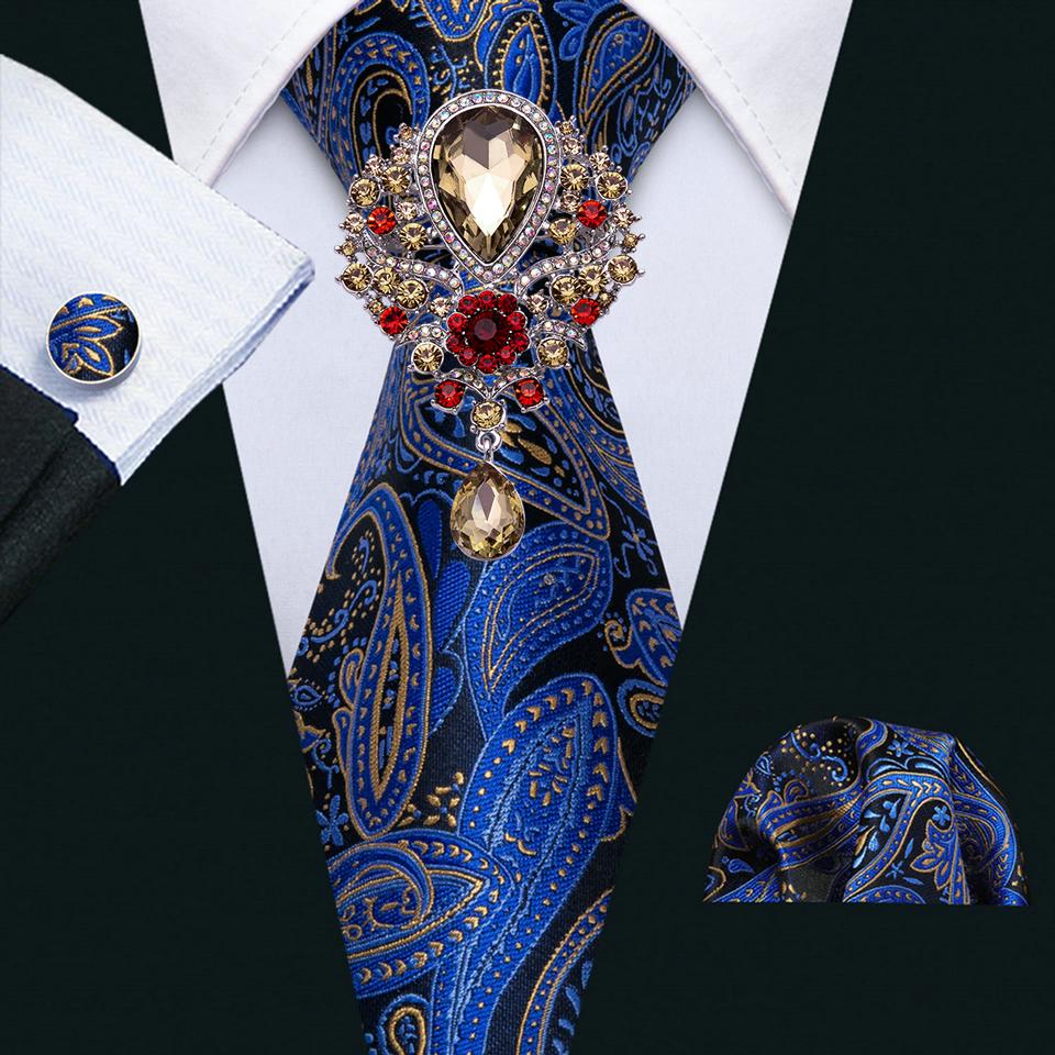 Barry.Wang Cravate pentru bărbați cu broșă Paisley Jacquard Set de cravate formale din mătase