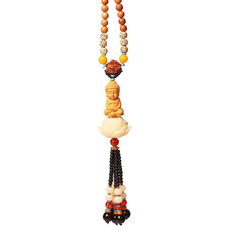 Style Car Hanging Ornament With White Lotus And Deity Symbols In Yellow Boxwood For Gift