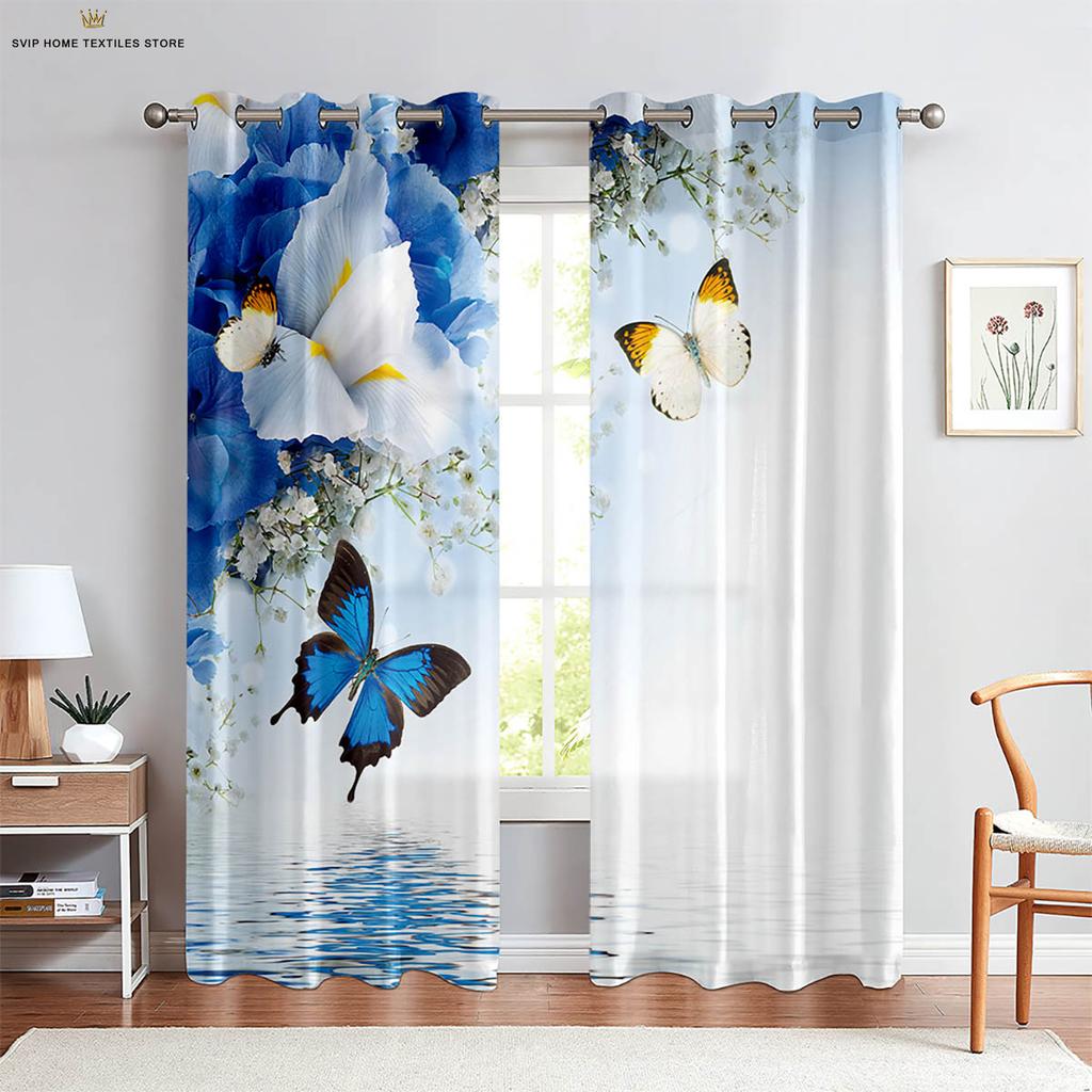 3D Printing Polyester Decorative Curtain, Floral Butterfly On Water, Machine Washable, Bedroom, Living Room, Kitchen, 2Pcs