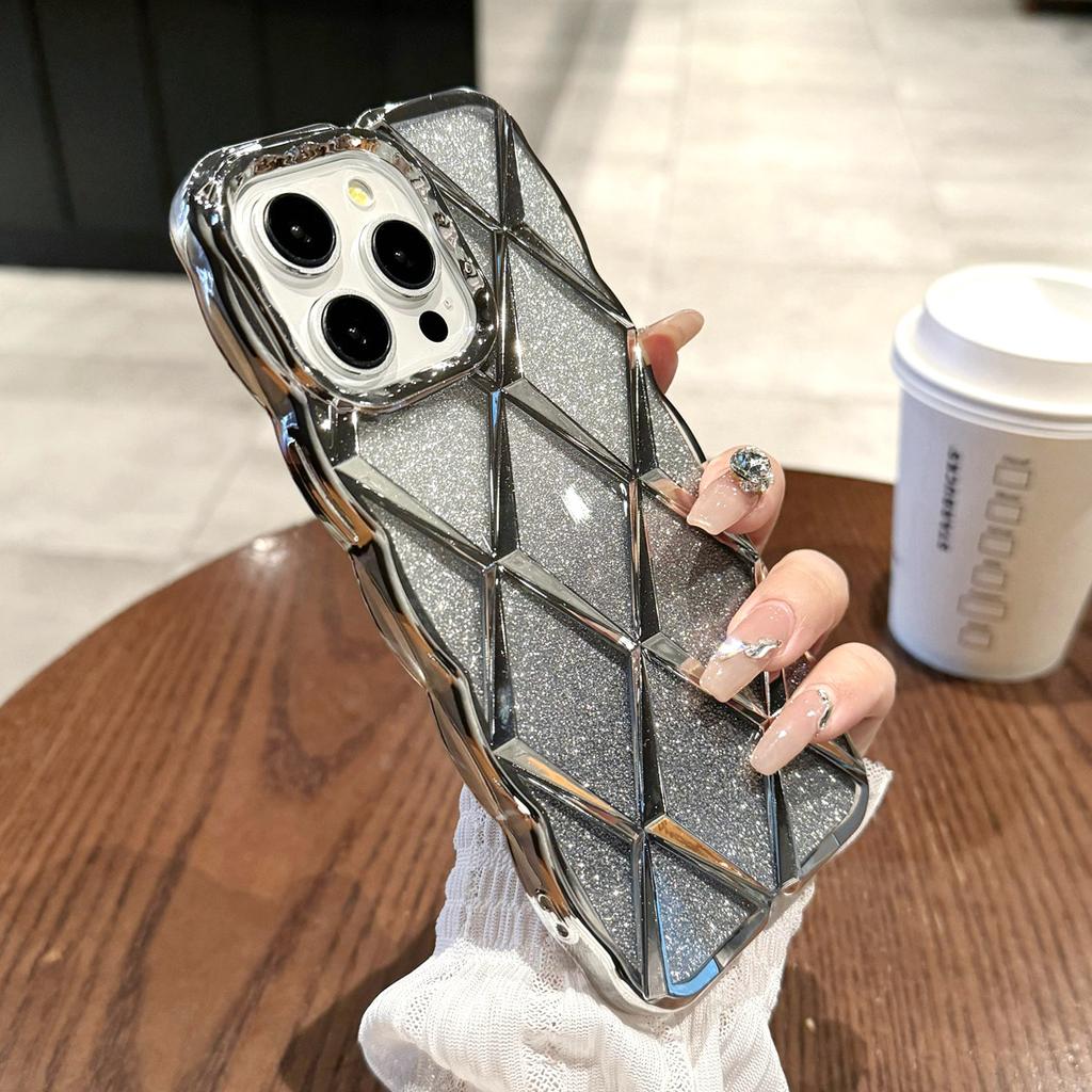 Luxury 3D Plating Diamond Grid Pattern Glitter Powder Phone Case for iPhone 11 12 13 14 15 Pro Max 12 Pro 13 Pro 14 Pro Max Anti-drop Soft TPU Cover