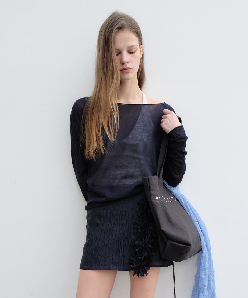 Yunse Sheer Off-Shoulder Knit Top (Navy)
