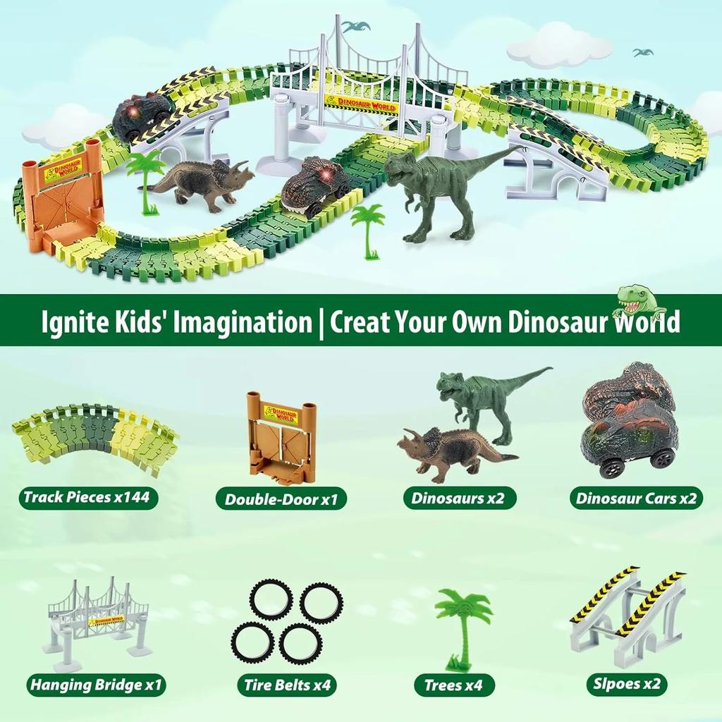 Dinosaur Toys Create A Dinosaur World Road Race Flexible Track Playset and 2PCS Cool Dinosaur Car for Boy Girls Christmas Gift