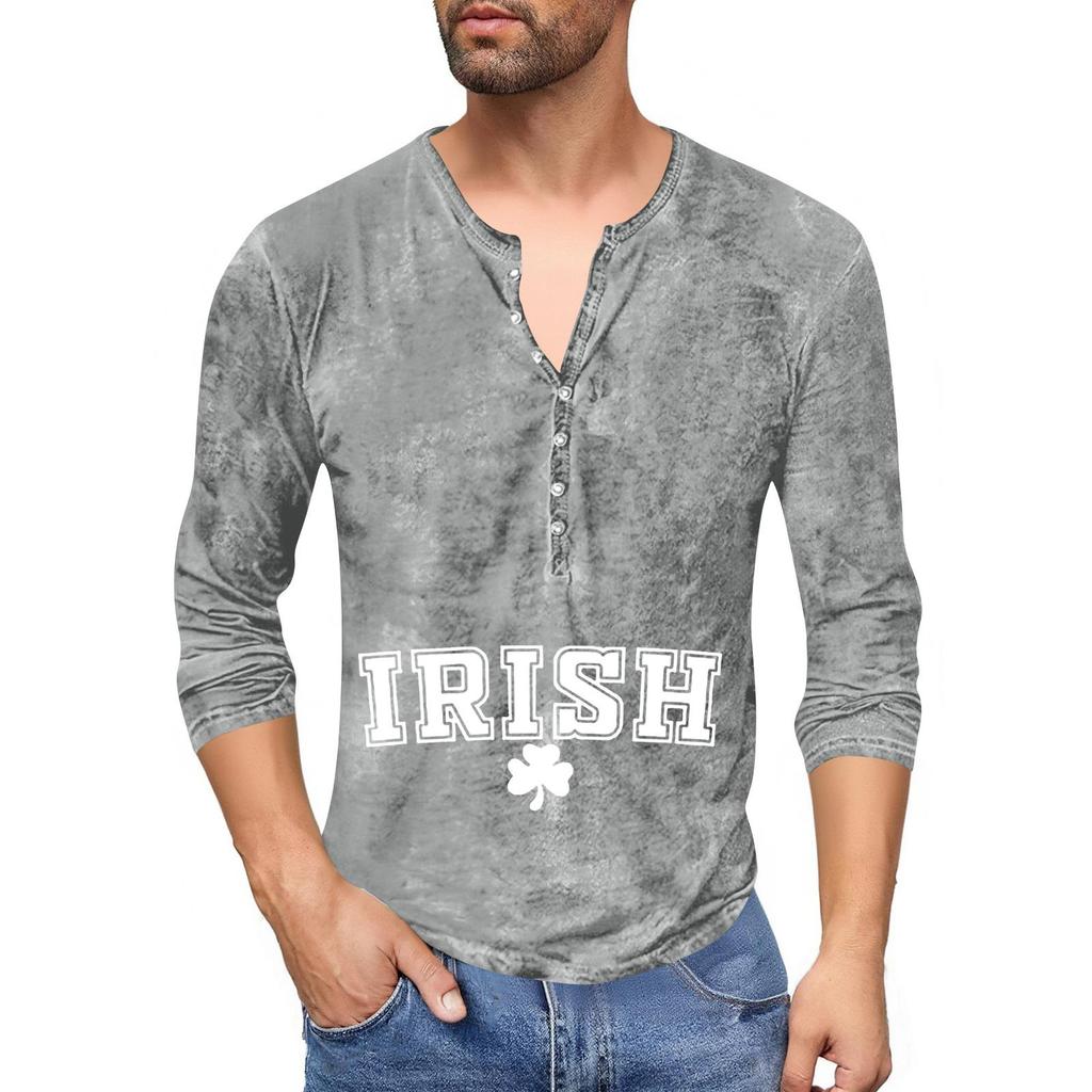 Men'S Printed T-Shirt Outdoor Retro Button Loose Long Sleeve Top
