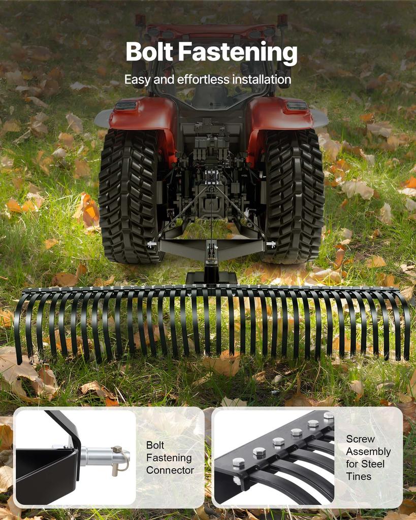 Tow Behind Dethatcher, 183 cm Tow Dethatcher with 36 Steel Tines, 3-Point Lawn Dethatchers Rake with Attachments for Tractor, Landscape Rake for