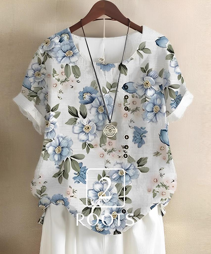 Second Roots Botanical Blouse with Floral and Leaf Short Decorative Underwear Summer Organic Adult Night Prints, Sleeves, Buttons, Top, Fashion,
