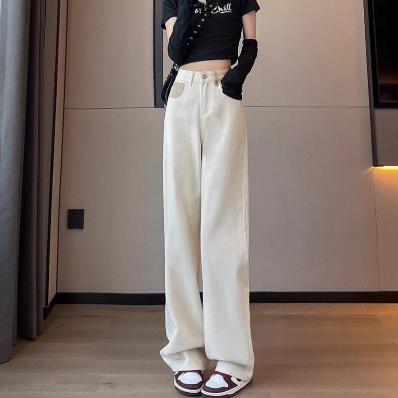 Women's High Waist Straight Leg Jeans Loose Fit Color Block Pocket Denim Pants Casual Wide Leg Trousers