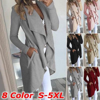 Herbst Frauen Trenchcoat Solide Strickjacke Windjacke Oberbekleidung Asymmetrische Revers Kragen Jacke