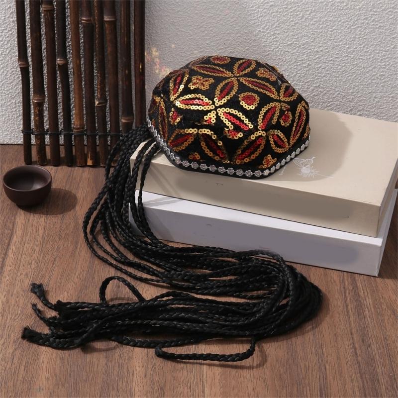 Elegant Beret Cap with Decorative Braids And Sequined Flower Decors Uyghur Hat For Stage Performances and Cultural Event