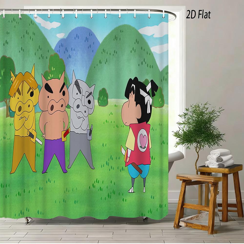 Crayon Shin-Chan Cheese & Shiro 2D Print Waterproof Shower Curtain, Cute Cartoon Bathroom Decor With Hooks