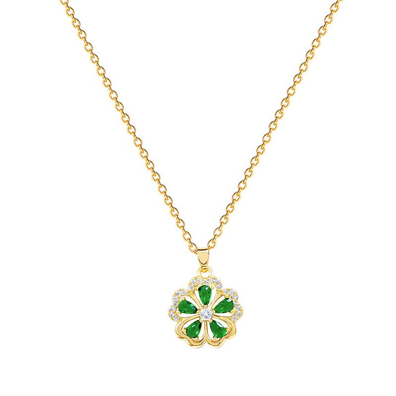 Five-Leaf Flower Green Full Diamond Light Luxury Temperament Gorgeous Full Diamond Necklace Female Versatile Collarbone Chain Titanium Steel