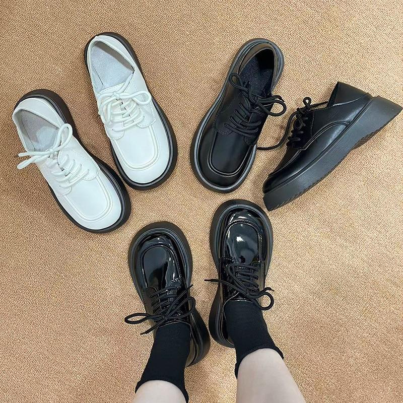 Small leather shoes women's new spring and summer student big head retro single shoes lace-up thick-soled heightening women's shoes
