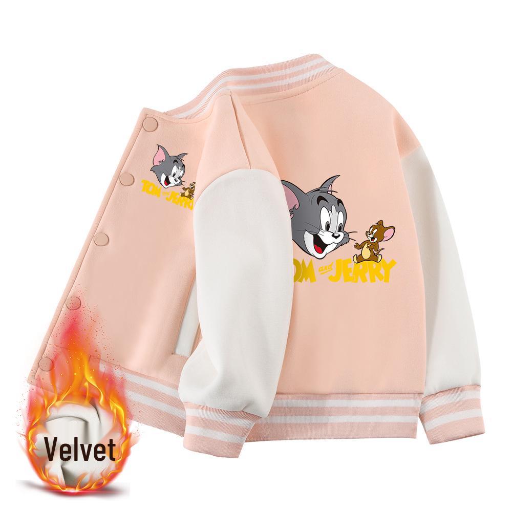 Tom and Jerry Thickened Boys' Baseball Jackets - Velvet Lined, Spring/Autumn Casual Wear