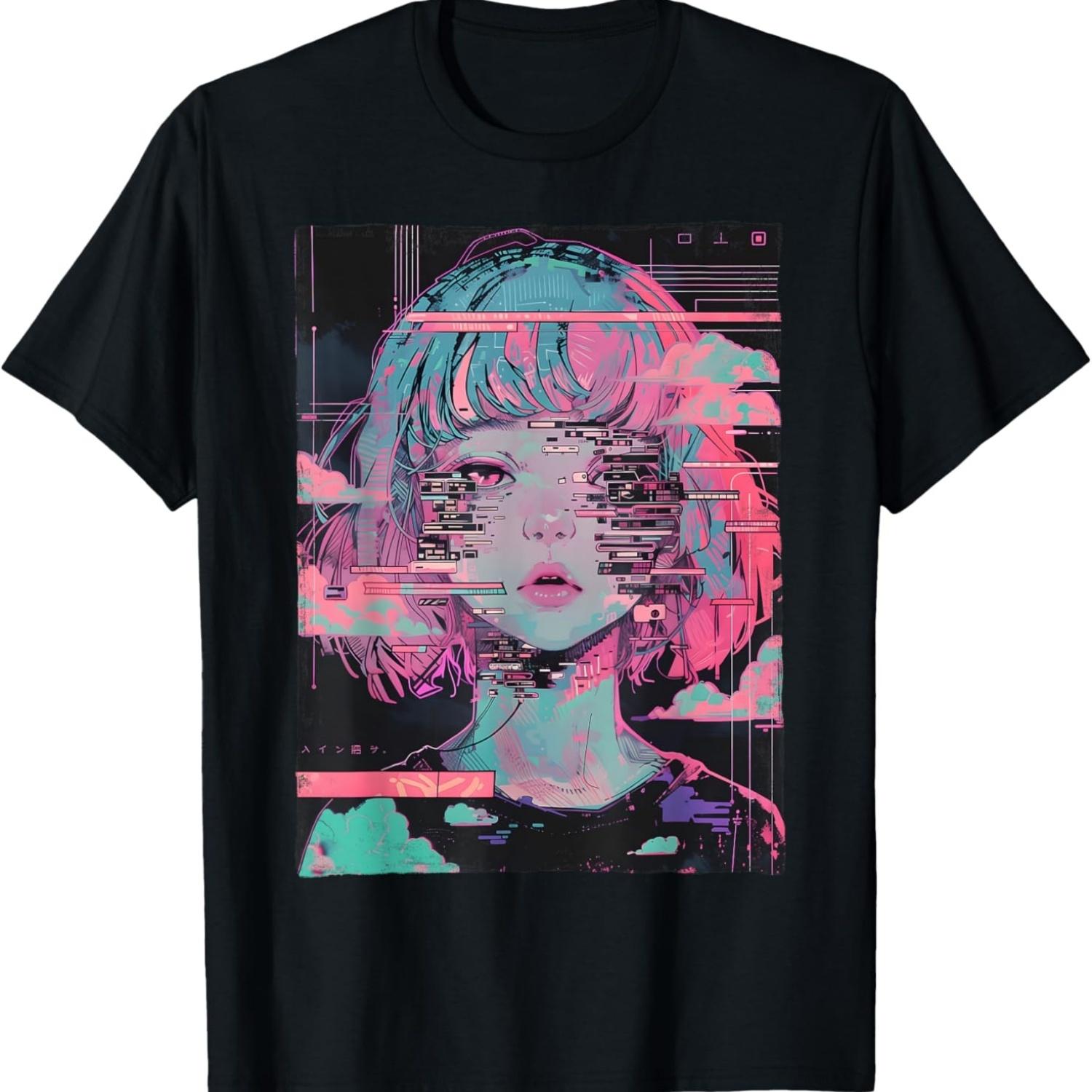 Аниме Девушка Vaporwave Глитч Кибер Готика E-Girl Потертая Футболка S чёрный