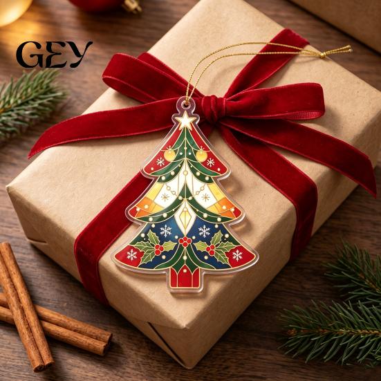 Holiday Hanging Pendant for Home 2D Flat Acrylic Christmas Tree Ornament, Vintage Stained Car Rear View Mirror Decoration Glass Style Pendant, Festive