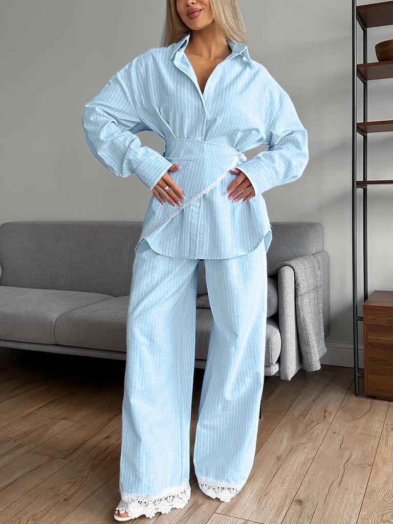 2025 Autumn Fresh Loose Lace Striped Three-Piece Set: Stylish Casual Design