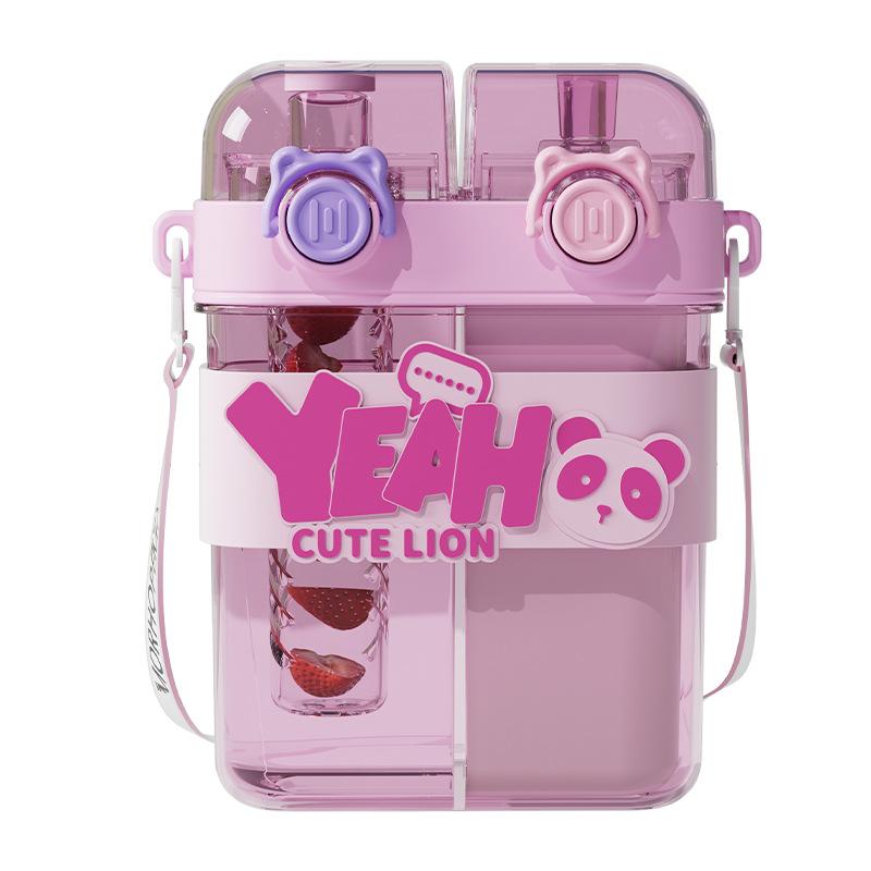 New Large-capacity Children's Water Bottle with Double Drinking Cups and Straws, Cute Cartoon Sports Water Cups