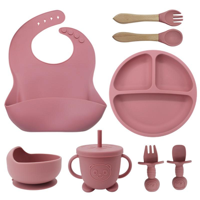 Set de farfurii din silicon pentru copii pentru a învăța să mănânci, furculiță de antrenament, lingură, supliment alimentar, ventuză, bol, anticădere și antiopărire