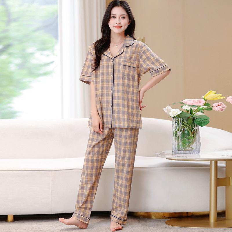 

Женский летний пижамный комплект из хлопка с коротким рукавом - Длинные брюки для мам среднего возраста и молодых девушек L for 90-115 jin