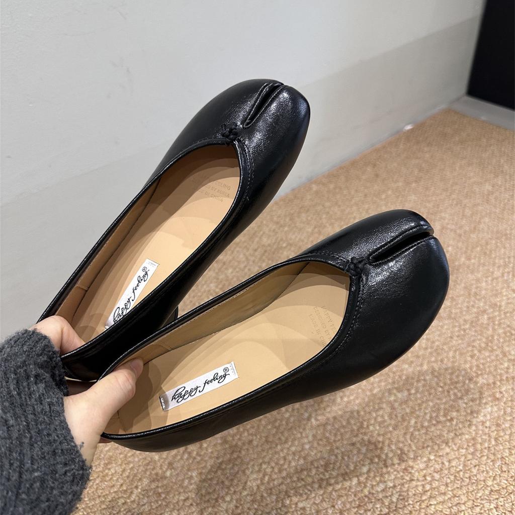 Fashion Bailamos Autumn Women Flat Shoes Shallow Soft Leather Casual Outdoor Mary Jane Shoes Fashion Split Toe Flat Heel Laofer Shoes