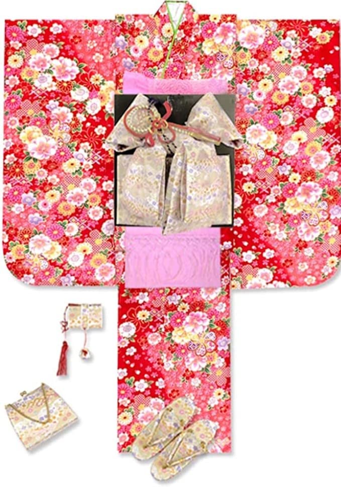 

7 years full obi and kimono synthetic fiber twisted cherry blossoms and double cherry PTK384d101PP [Muromachi-st.] Shichi-Go-San Kimono, old, set,