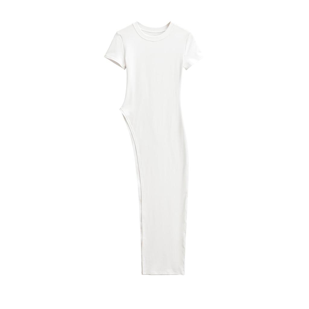 European & American Irregular Split Round Neck T-shirt Dress with Long & Short Sleeves – Women's Slim Fit Base Layer Top