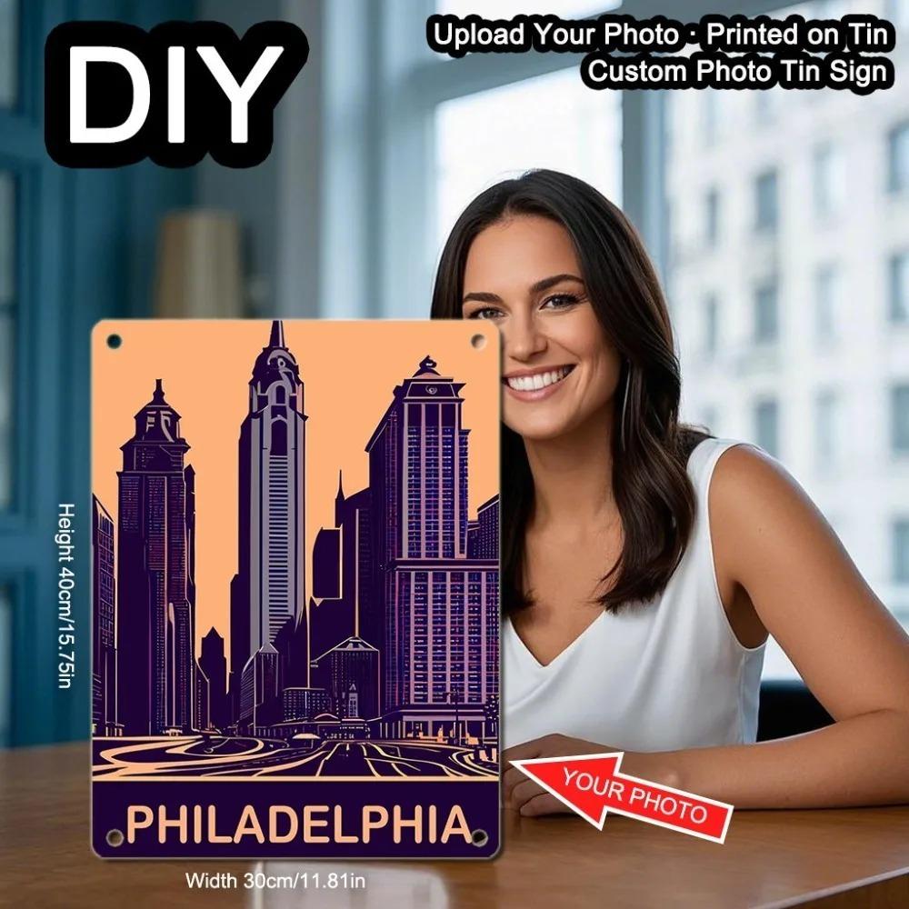 Vintage Philadelphia Skyline Metal Tin Wall Art, Indoor Outdoor Flat Plaque, Cafe Bar Office Gift