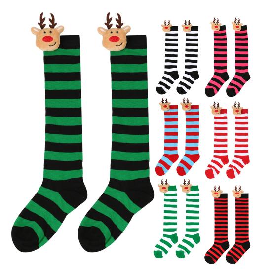 Kids' Christmas Socks Reindeer Plush Striped Knee-High Stockings Over Knee Socks Festive Holiday Wear for Boys Girls