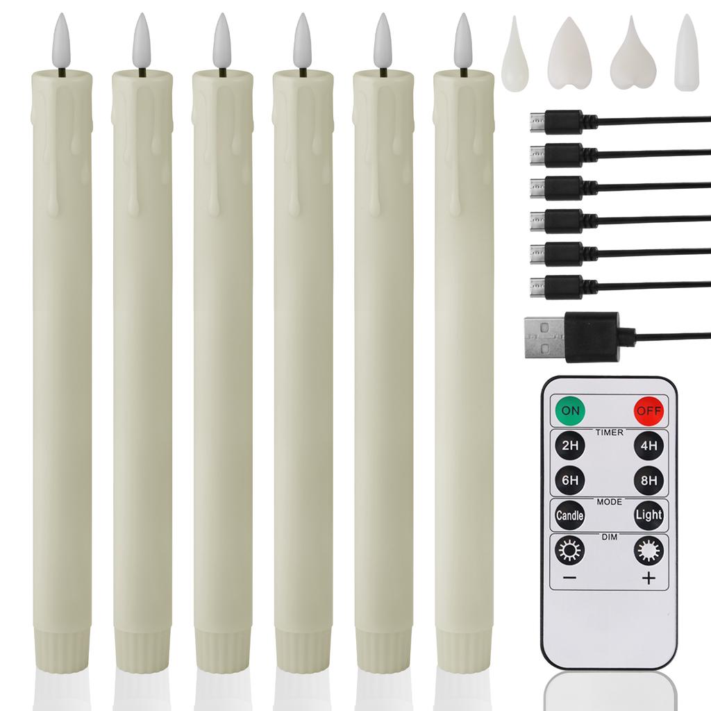 6/12pcs Rechargeable LED Flickering Flameless Taper Candles 4 Type Head with Remote Control Battery Operated Home Decor Candle