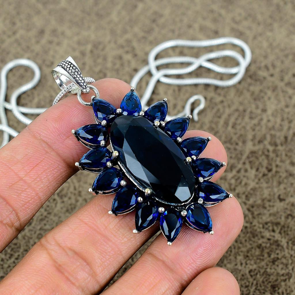 Blue Topaz Gemstone Handmade 925 Sterling Silver Jewelry Pendant 2.48" KKG-274