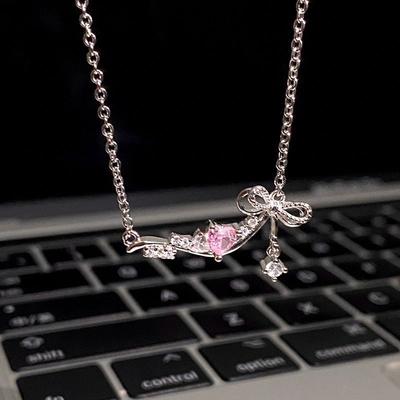 Roze Zirkoon Liefde Strik Ketting Voor Vrouwen Meisjes Zoet Elegant Feest Hanger Bedel Ketting Feest Sieraden Accessoires
