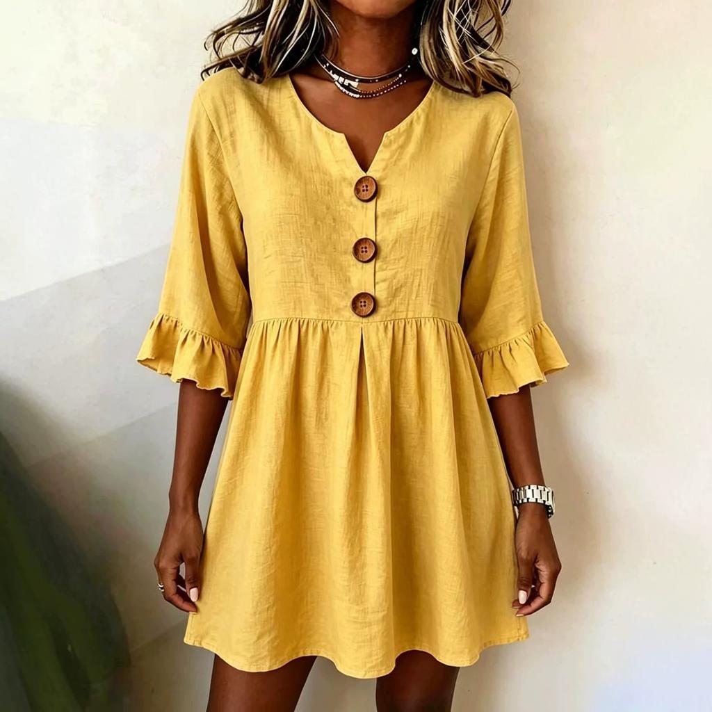 Women's Color V-Neck Half Sleeve Loose Fit Casual Dress for Work Commute