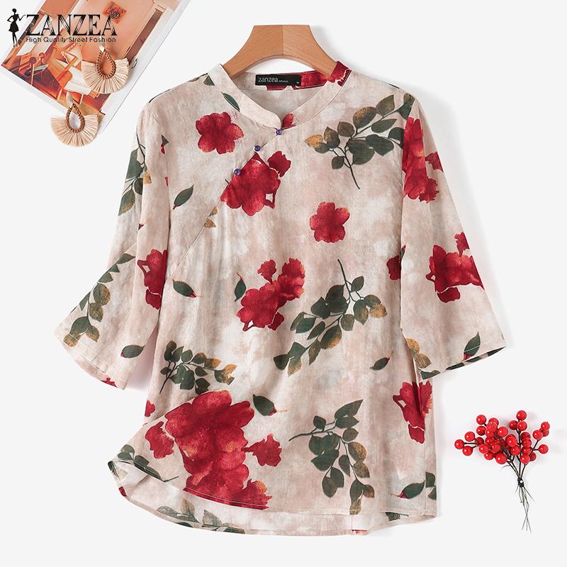 

ZANZEA Женская повседневная летняя блузка с воротником-стойкой и рукавами 3/4 с цветочным принтом