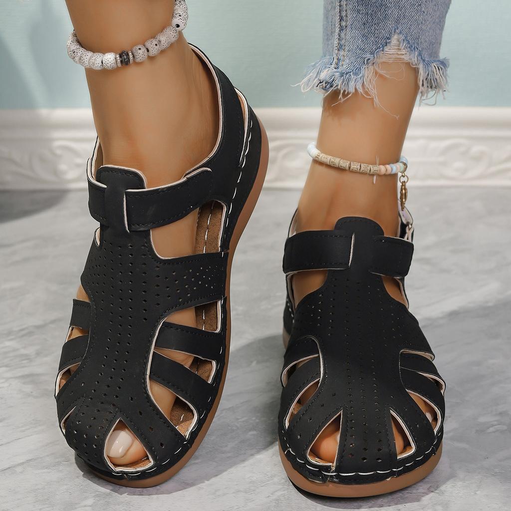 Large size casual women's slope heel new sandals women's round head hollow summer bag head Velcro hole shoes