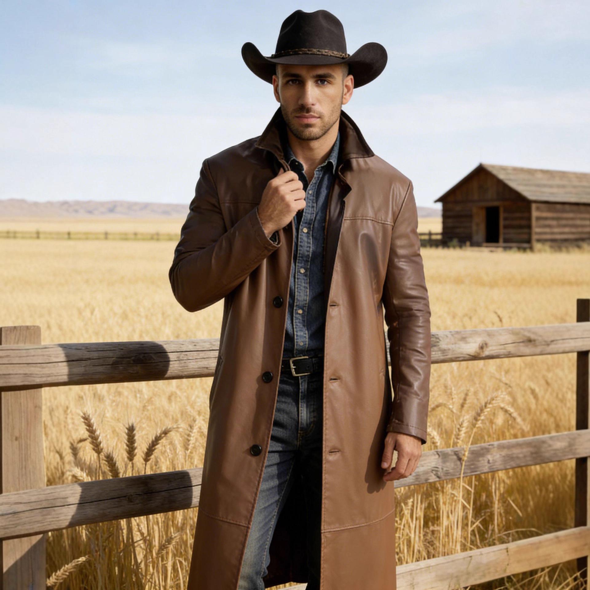 

Чоловіча довга шкіряна куртка Western Yellowstone Spring - Універсальний PU комір-стійка, стиль до колін XL