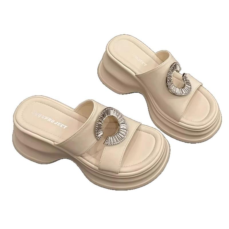 Premium niche thick-bottomed wedge slippers women's summer wear new versatile high-heeled rhinestone casual one-word sandals