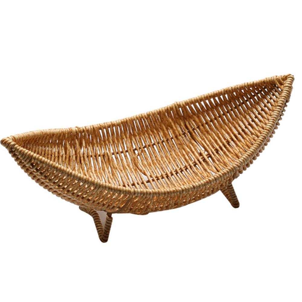 Boat Shape Woven Snacks Serving Tray Handwoven Plastic Braided Fruit Organizer Food
