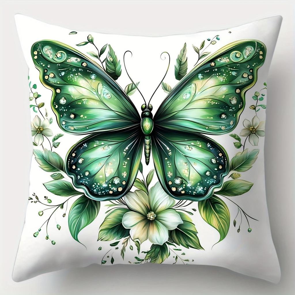Vibrant Green Butterfly & Blossom PillowcasesLiving Room Sofa Cushion Cover, Soft and Comfortable, Bedroom Room Decoration