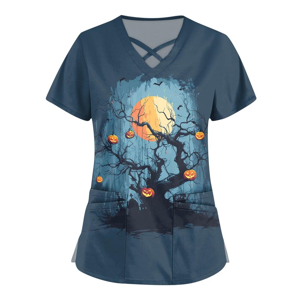 Dámská móda Křížový V výstřih Krátký rukáv Kombinézy Dvojité kapsy Halloweenské Potištěné Topy Uniformy