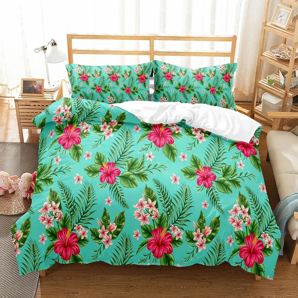 Hibiscus Floral Duvet Cover Twin King Size Tropical Palm Leaves Bedding Set,Botanical Flower Comforter Cover for Girl Teen Room