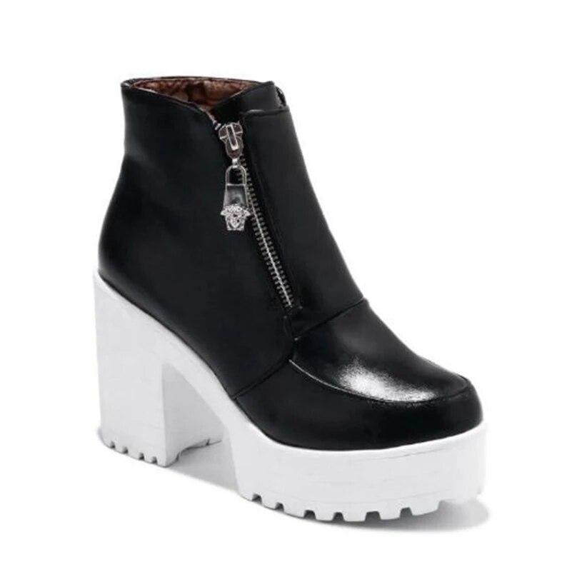 

ANNYMOLI/женские ботильоны с круглым носком, толстые высокие каблуки, платформа, молния, короткие ботинки, лаконичная женская модная обувь, зимняя черная, белая, 43 34 чёрный