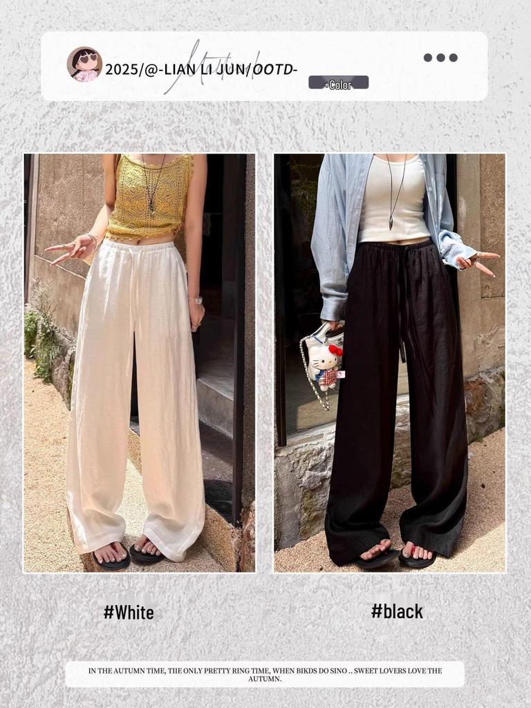 Women's Summer White Wide-Leg High-Waisted Linen-Style Loose Pants