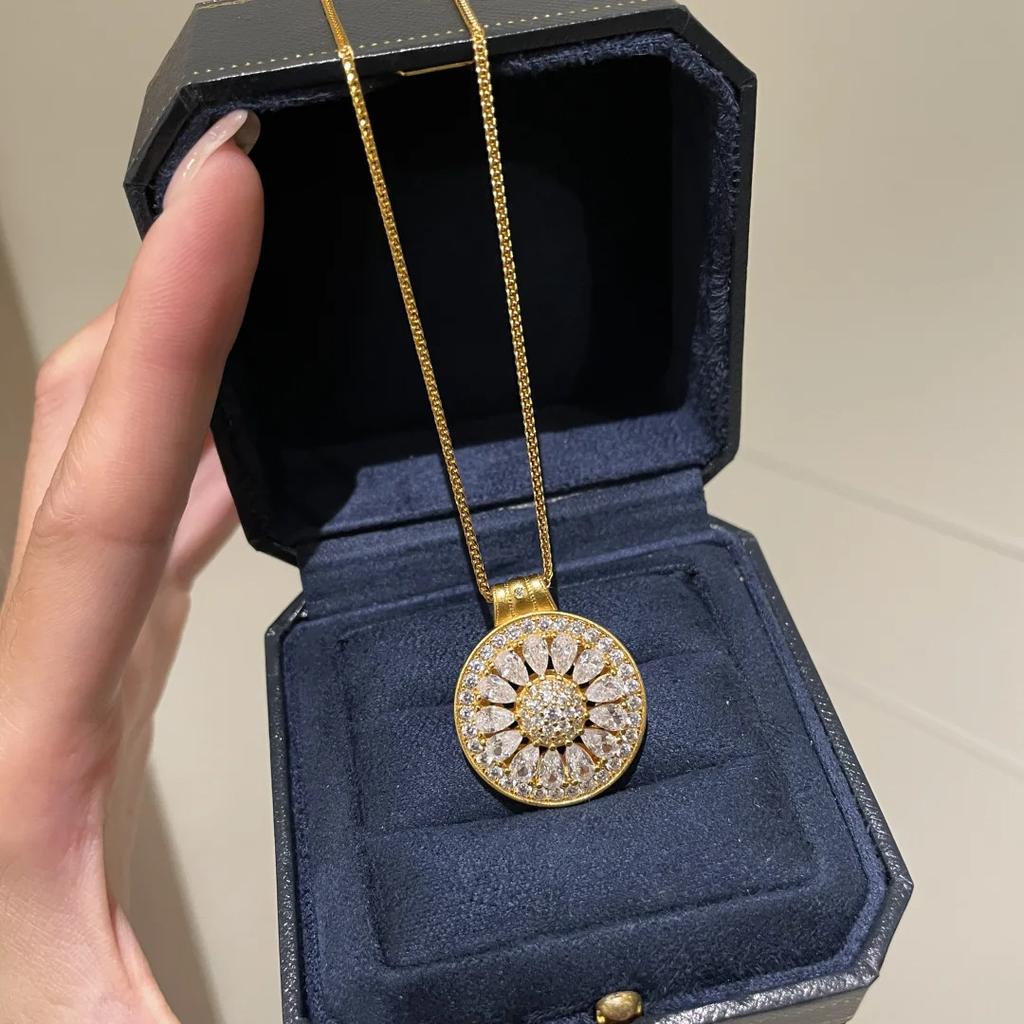 Women Light‑Luxury Necklace, New Chinese Style Full Diamond Double‑Sided Hollow Brushed Forged Compass Lemon Slice Pendant