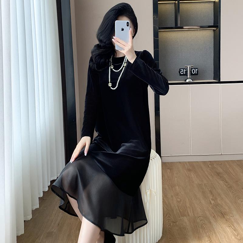 

Осенне-зимнее базовое нижнее белье, платье с бархатной вставкой, платье миди с рукавами-буфами большого размера для женщин 3XL чёрный