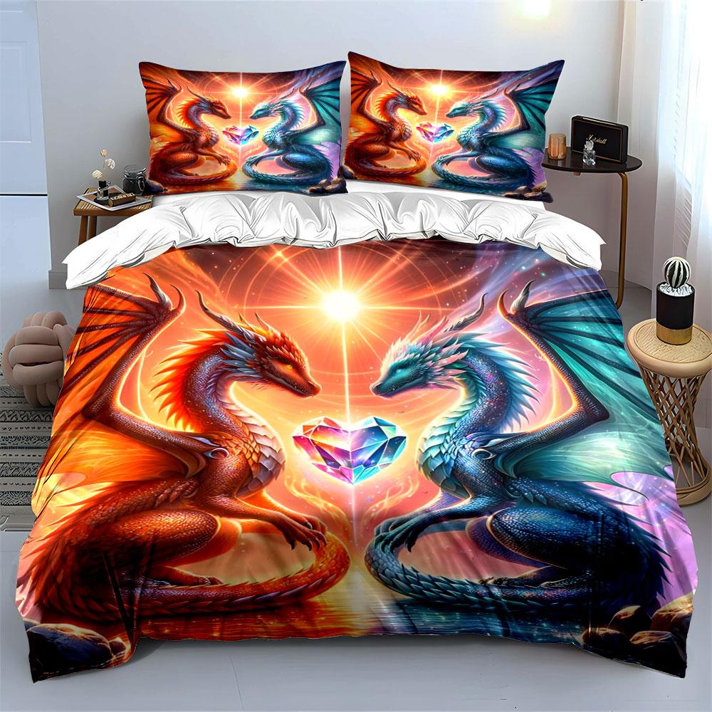Two Dragons Guarding Crystal Heart Print Bedding Set 1 Duvet Cover 2 Pillowcases for Adult and Children Luxury Gift Full Size